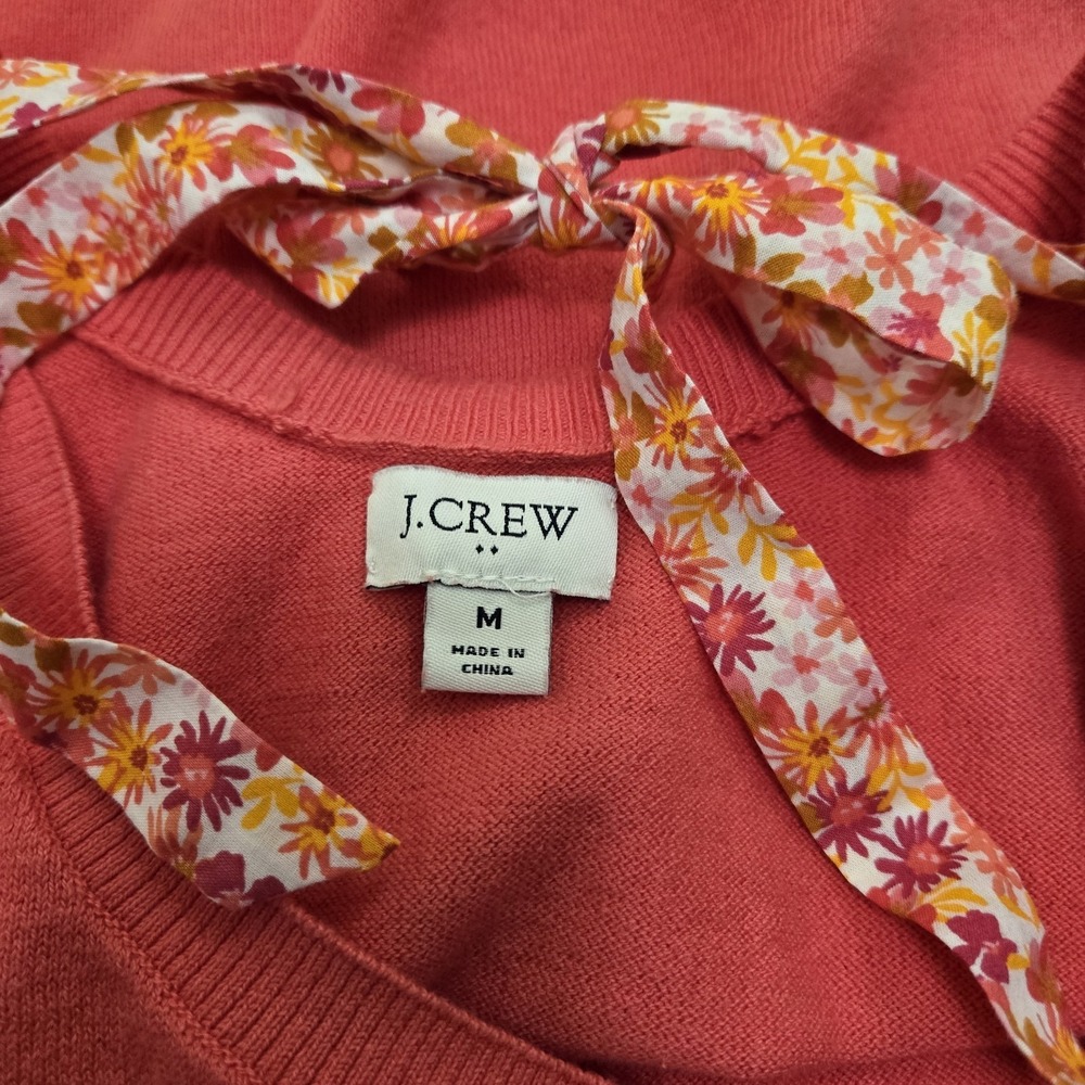 J Crew Womens Medium Coral Pink Floral Bow Puff Sleeve Knit Top Cottagecore Gran - Picture 7 of 11